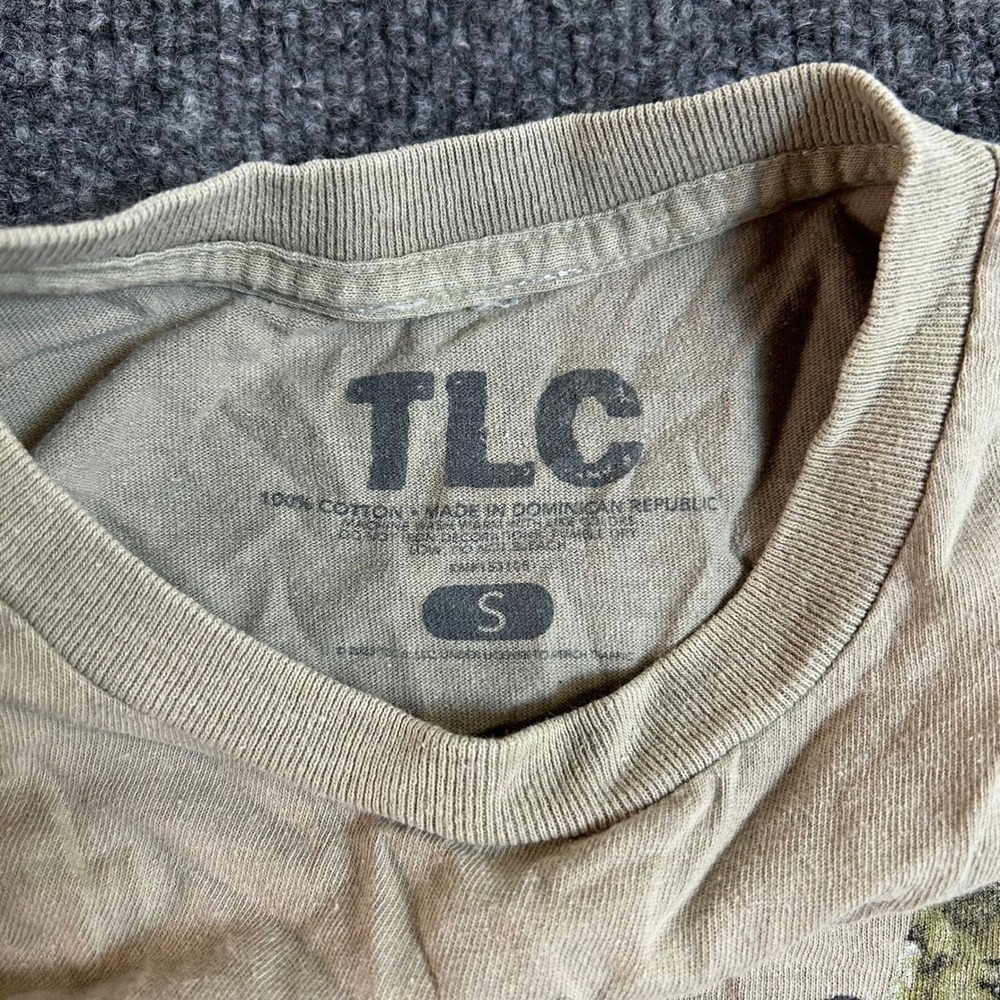 TLC T-Shirt Womens Size S Tan Graphic Band Tee Short Sleeve Cotton Rip Flaw